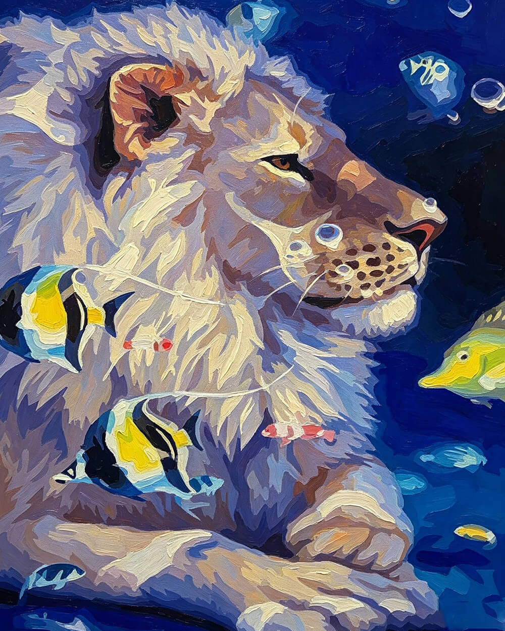Surreal underwater lion and fish cross stitch kit for beginners