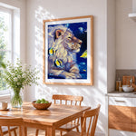 Surreal underwater lion and fish cross stitch artwork displayed on wall as home decor