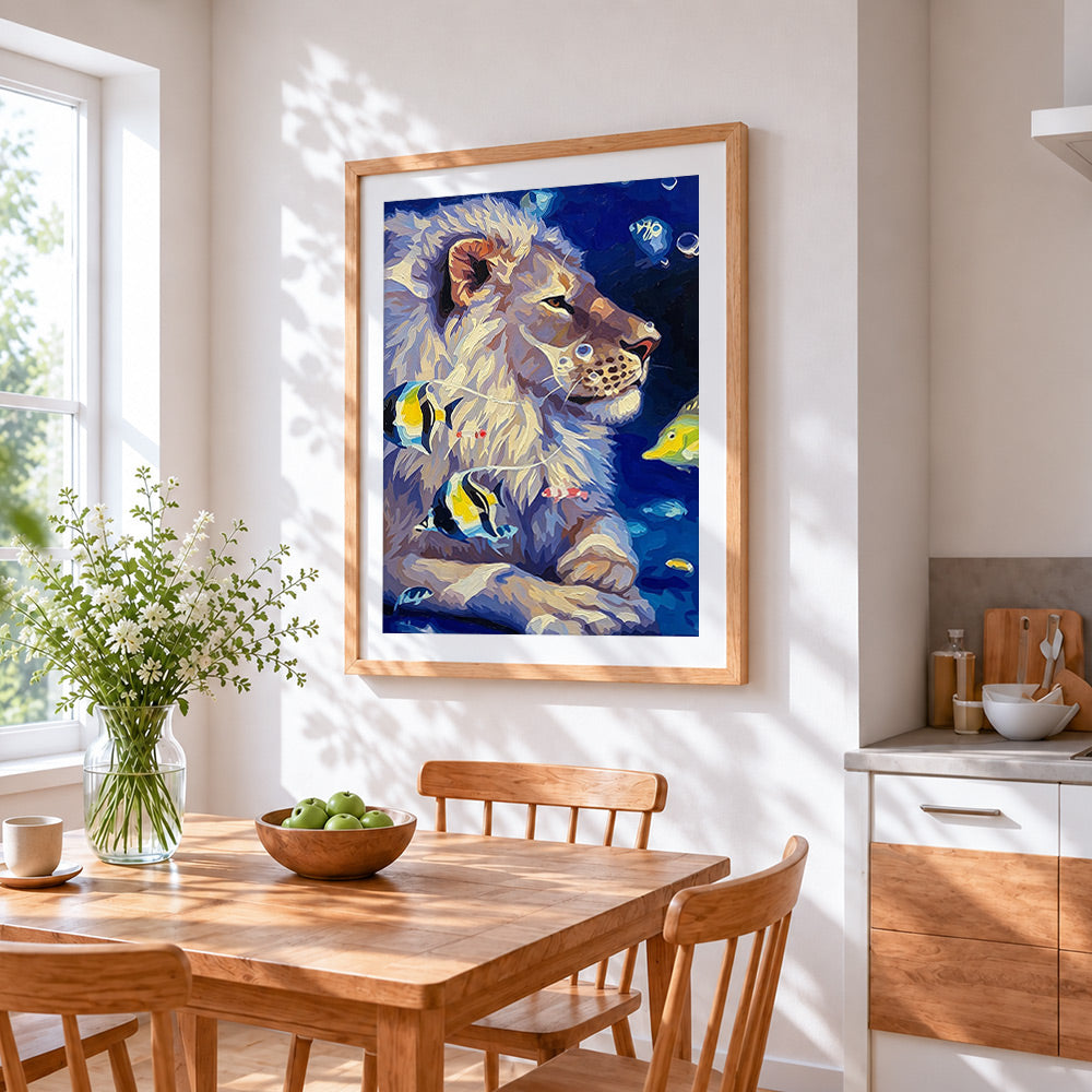Surreal underwater lion and fish cross stitch artwork displayed on wall as home decor