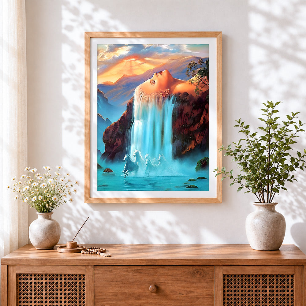 Finished surreal waterfall woman and white horses cross stitch artwork displayed