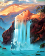Surreal waterfall woman and white horses cross stitch kit for beginners