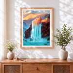 Finished surreal waterfall woman and white horses paint by numbers artwork displayed as home decor