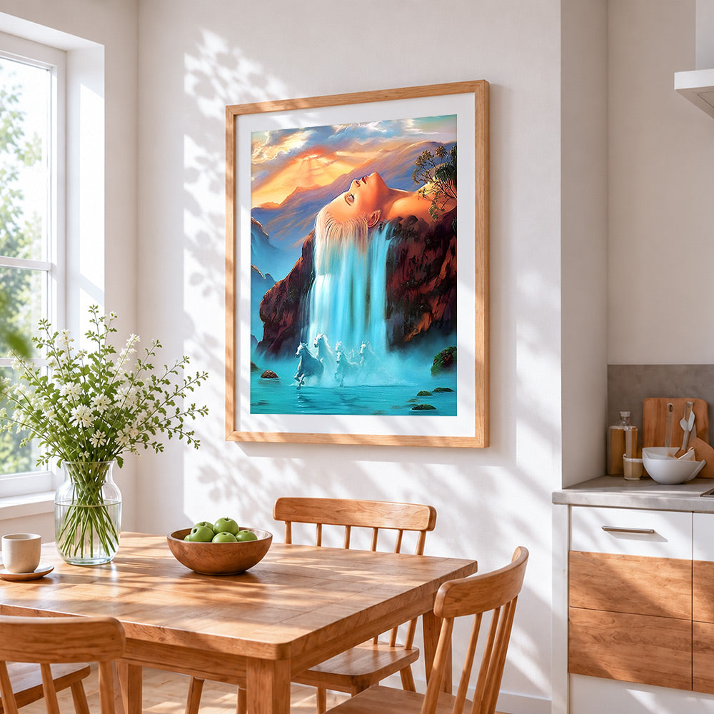 Surreal waterfall woman and white horses paint by numbers artwork displayed on wall as home decor