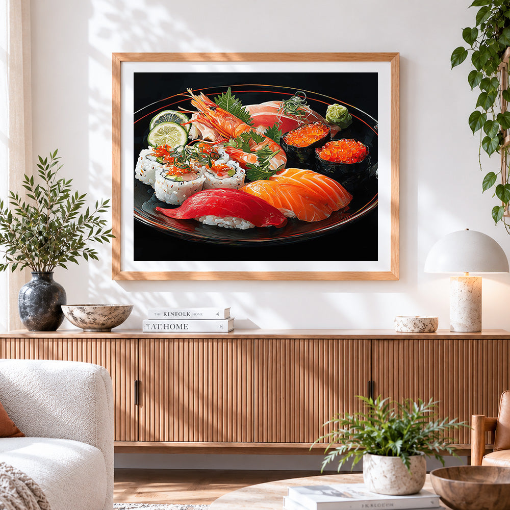 Finished sushi platter cross stitch artwork displayed
