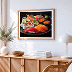 Sushi platter cross stitch artwork displayed on wall as home decor