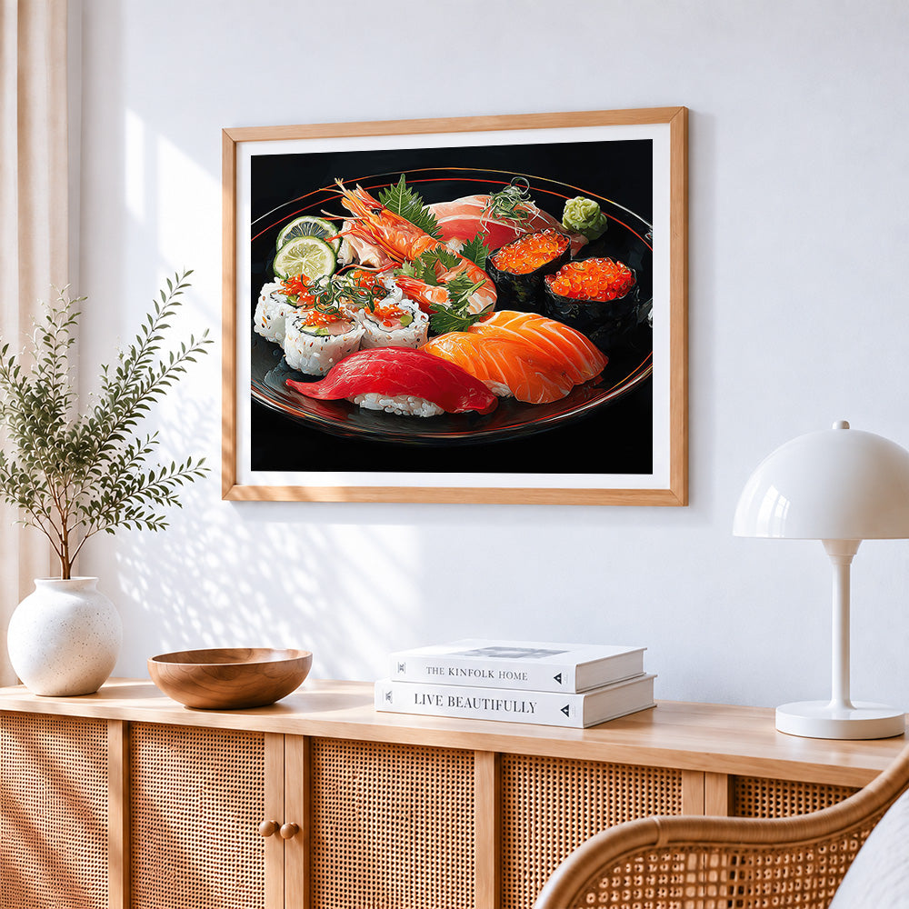 Sushi platter cross stitch artwork displayed on wall as home decor
