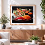Finished sushi platter paint by numbers artwork displayed as home decor