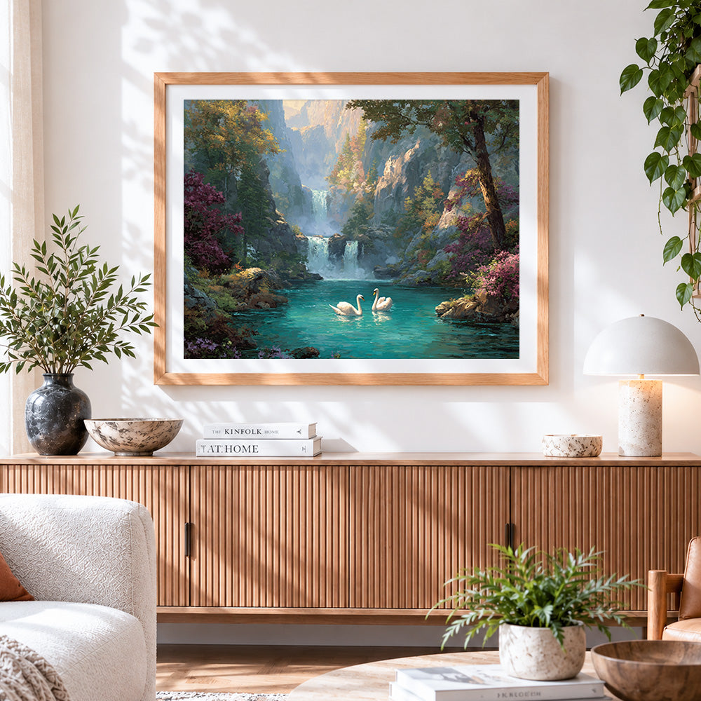 Finished swans and waterfall cross stitch artwork displayed