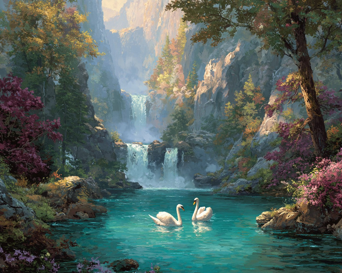 Swans and waterfall cross stitch kit for beginners