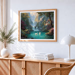 Swans and waterfall cross stitch artwork displayed on wall as home decor