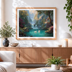 Finished swans and waterfall paint by numbers artwork displayed as home decor