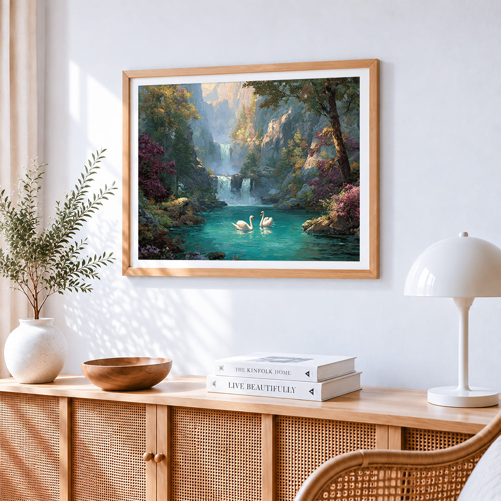 Swans and waterfall paint by numbers artwork displayed on wall as home decor