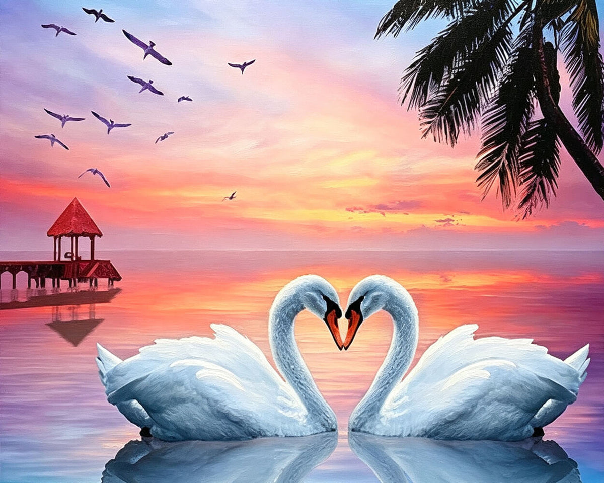 Swans forming a heart at sunset paint by numbers kit for beginners
