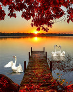 Swans on a lake at sunset cross stitch kit for beginners