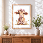 Finished sweet calf with pink flowers cross stitch artwork displayed
