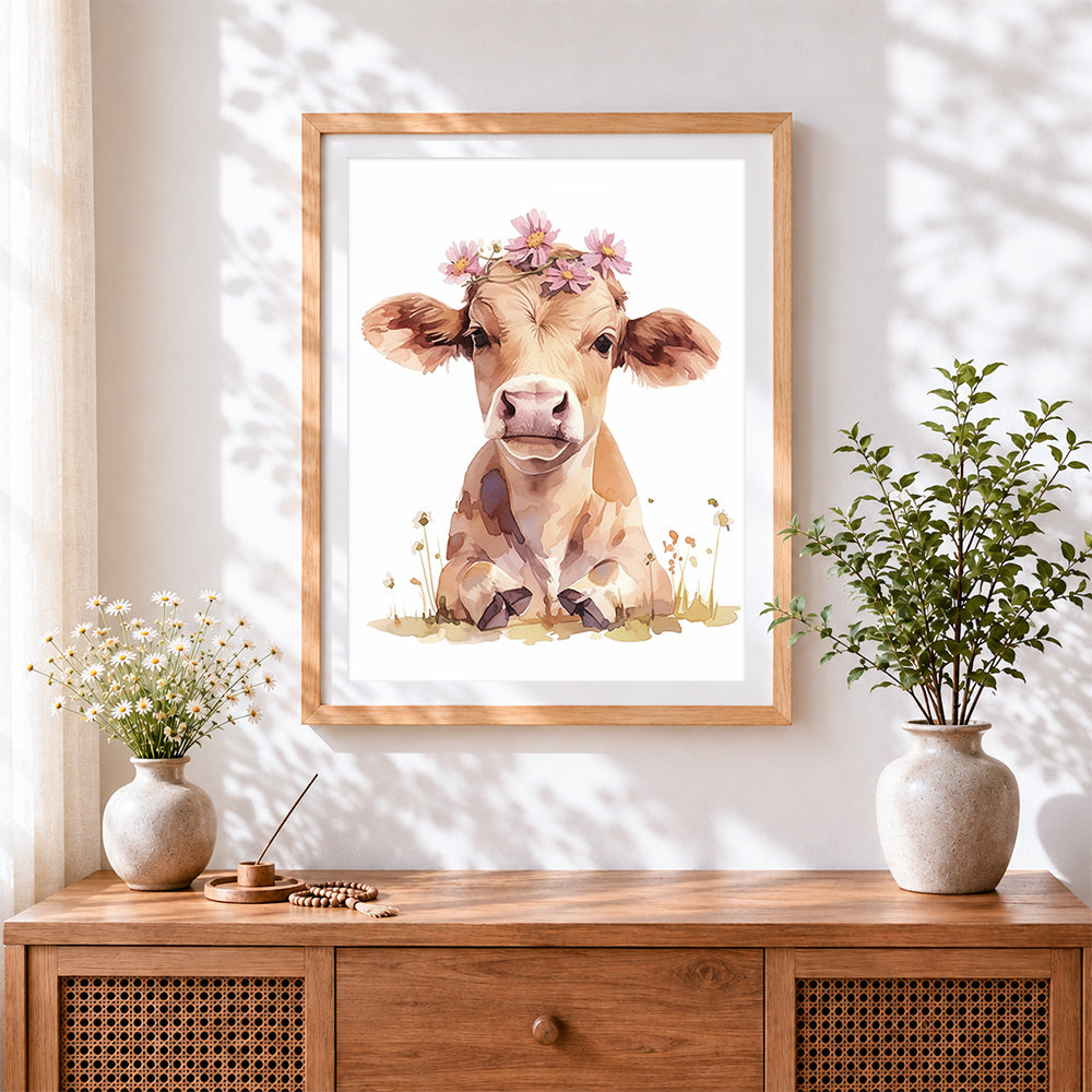 Finished sweet calf with pink flowers cross stitch artwork displayed