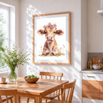 Sweet calf with pink flowers cross stitch artwork displayed on wall as home decor