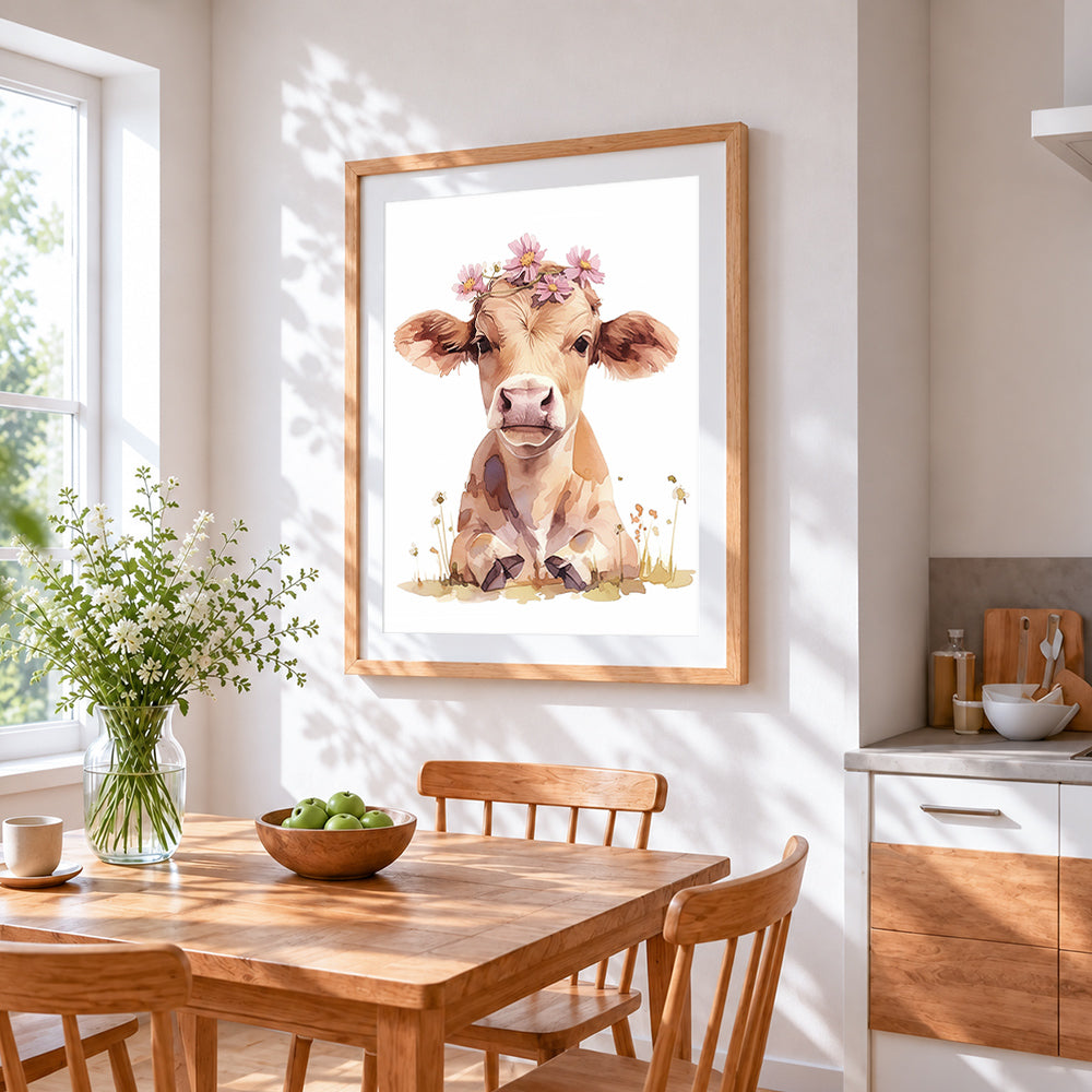 Sweet calf with pink flowers cross stitch artwork displayed on wall as home decor
