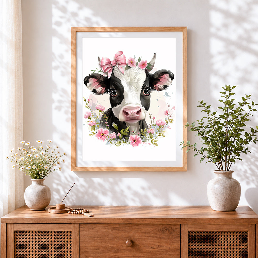 Finished sweet cow with blossom crown cross stitch artwork displayed
