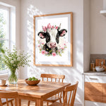 Sweet cow with blossom crown cross stitch artwork displayed on wall as home decor