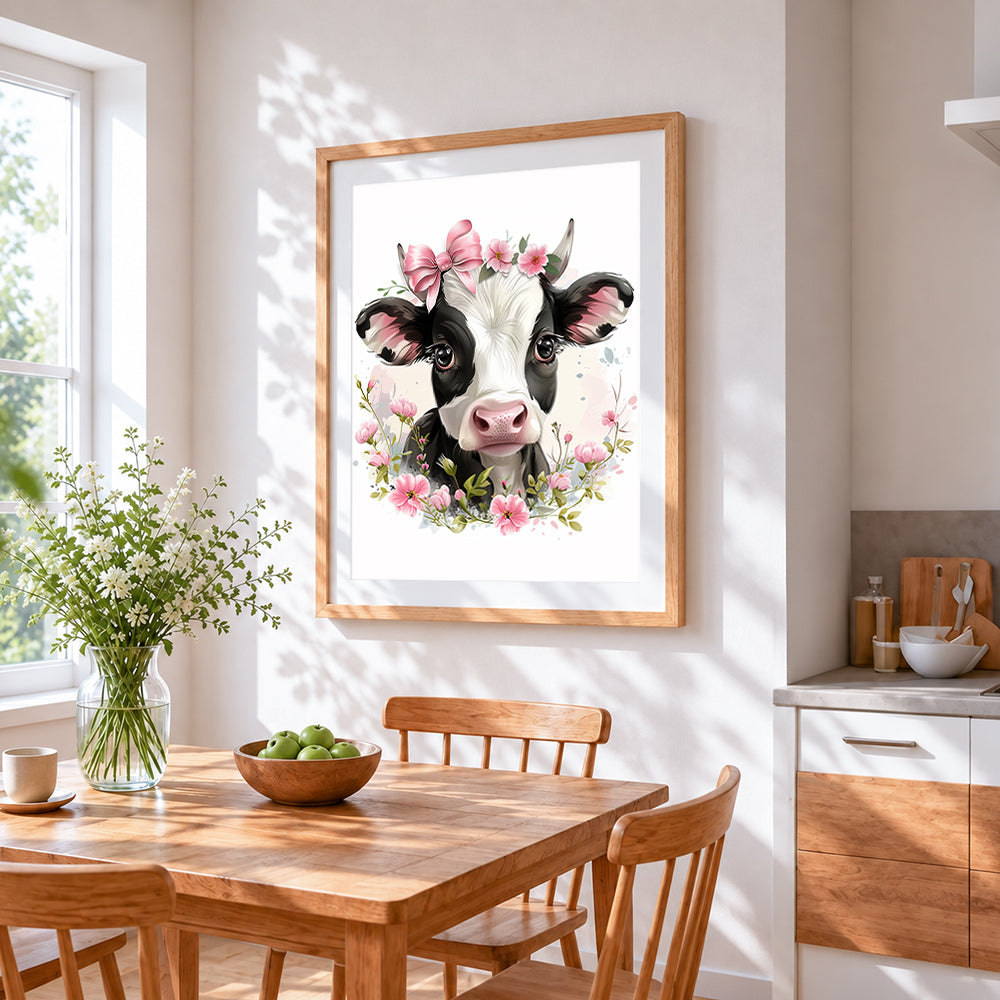 Sweet cow with blossom crown cross stitch artwork displayed on wall as home decor