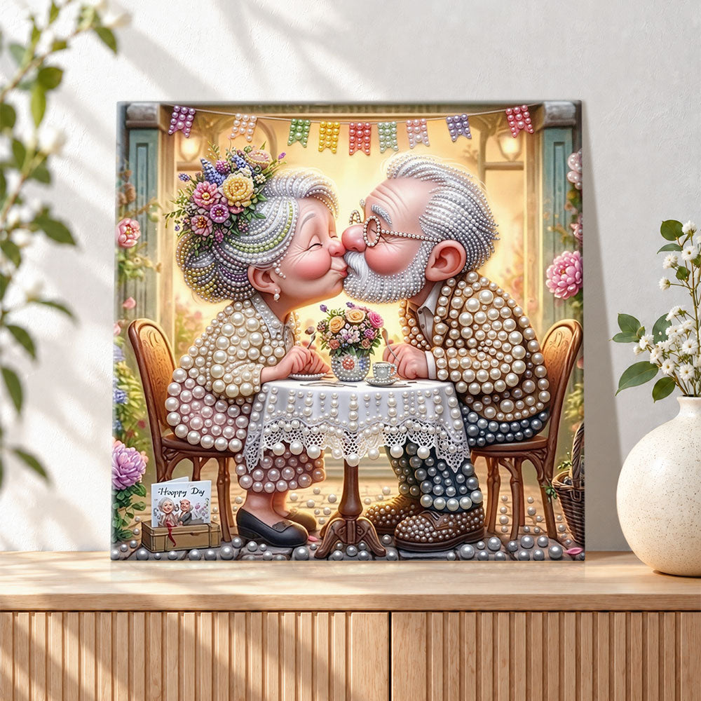 Finished sweet elder couple kissing pearl diamond painting artwork displayed as holiday home decor