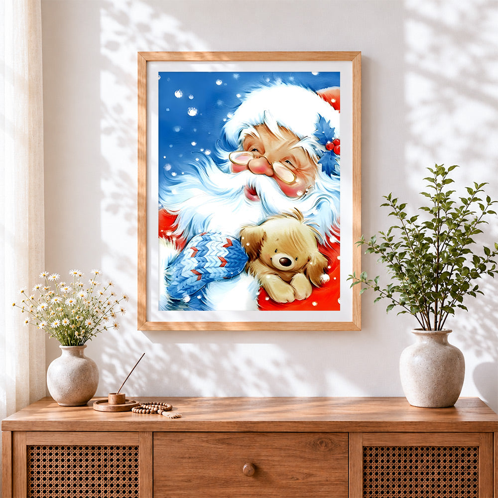 Finished sweet father christmas cuddling a bear cross stitch artwork displayed