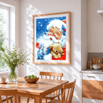 Sweet father christmas cuddling a bear cross stitch artwork displayed on wall as home decor