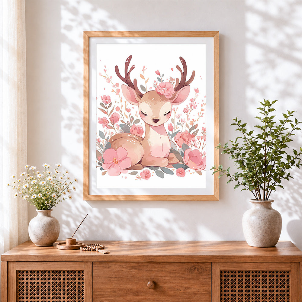 Finished sweet floral fawn cross stitch artwork displayed