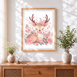 Finished sweet floral fawn cross stitch artwork displayed