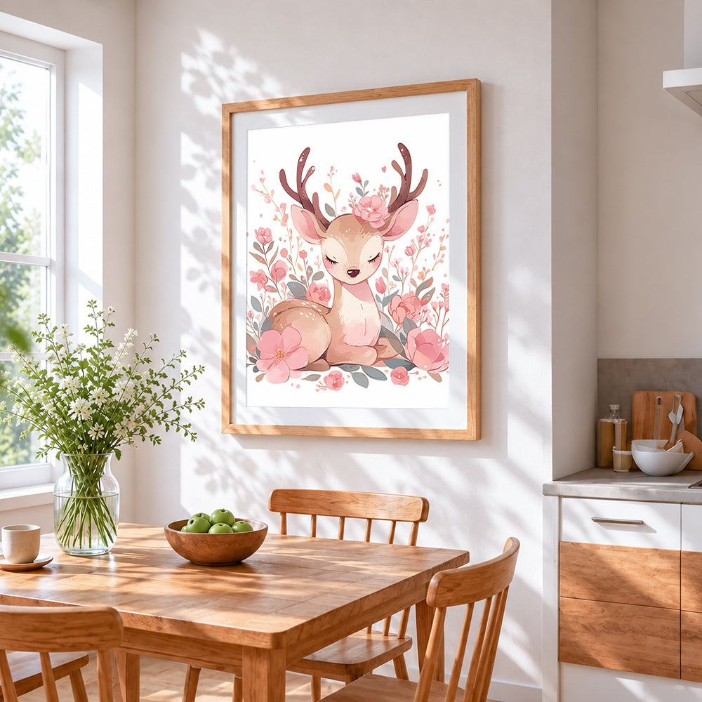 Sweet floral fawn cross stitch artwork displayed on wall as home decor
