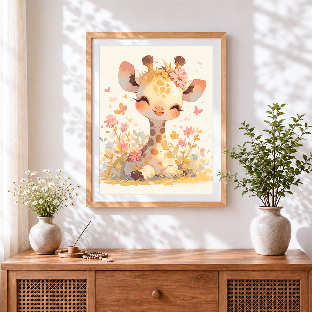 Finished sweet giraffe with flowers and butterflies cross stitch artwork displayed