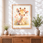 Finished sweet giraffe with flowers and butterflies cross stitch artwork displayed