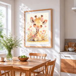 Sweet giraffe with flowers and butterflies cross stitch artwork displayed on wall as home decor