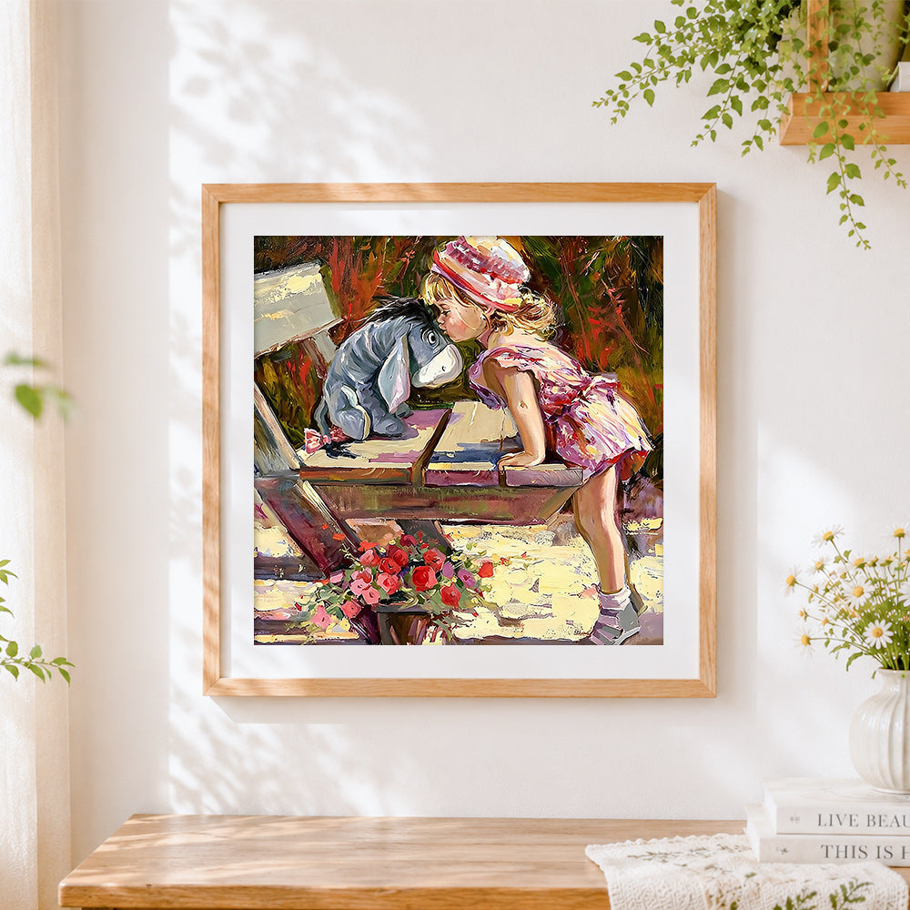 Finished sweet girl kissing a toy donkey cross stitch artwork displayed