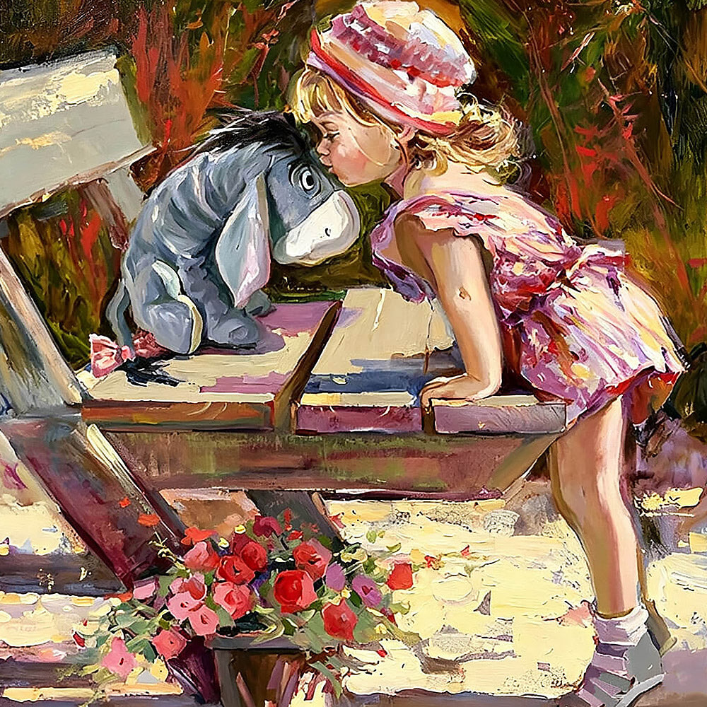 Sweet girl kissing a toy donkey cross stitch kit for beginners
