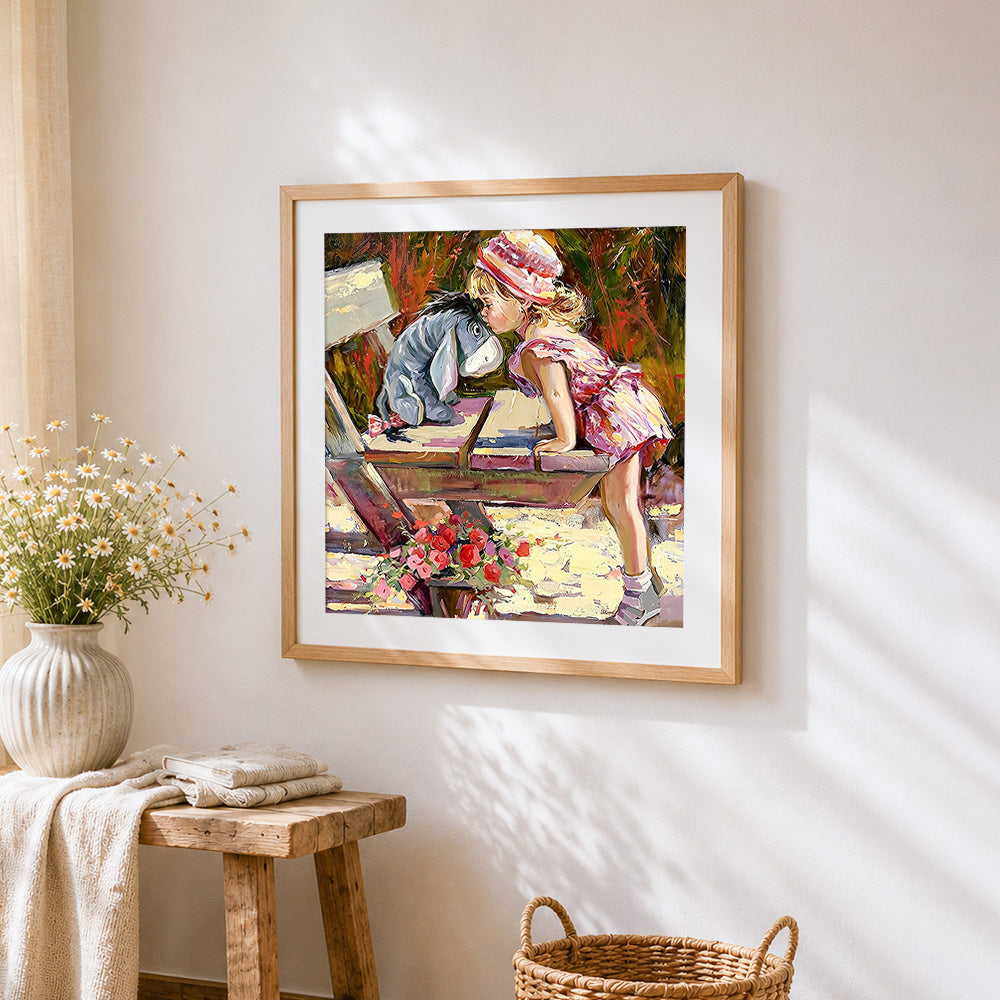 Sweet girl kissing a toy donkey cross stitch artwork displayed on wall as home decor