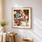 Sweet girl kissing a toy donkey cross stitch artwork displayed on wall as home decor