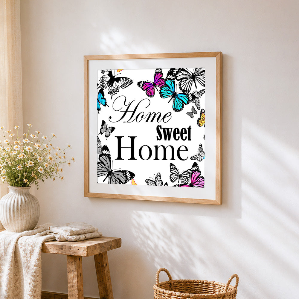 Sweet home and colourful butterflies cross stitch artwork displayed on wall as home decor