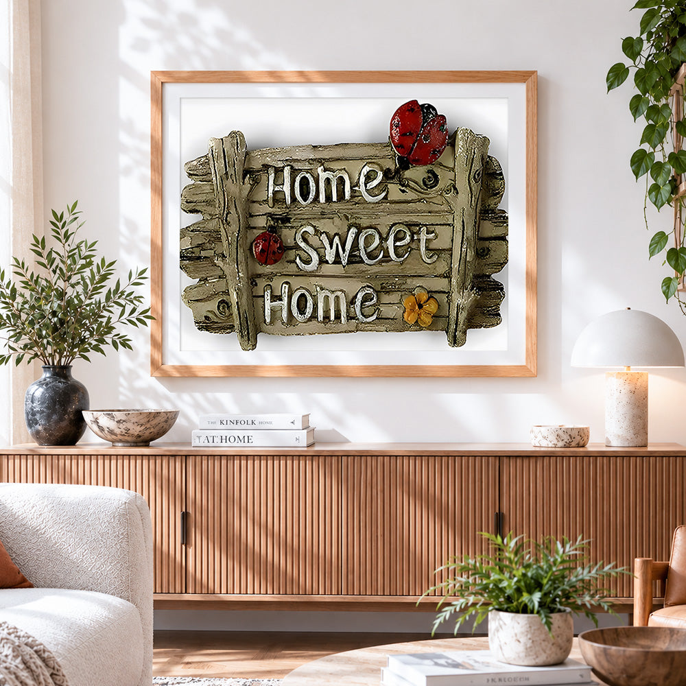 Finished sweet home sign with ladybirds paint by numbers artwork displayed as home decor