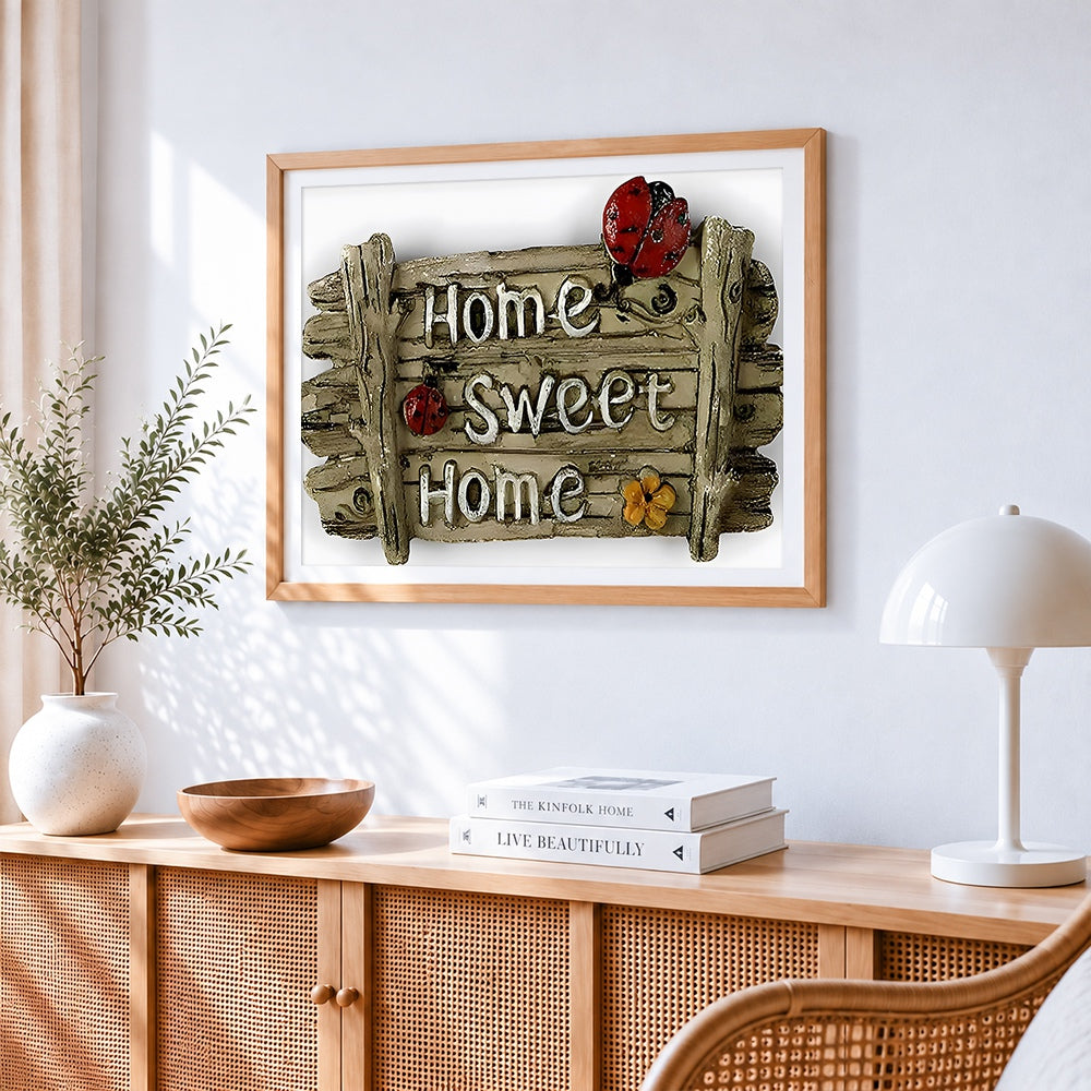 Sweet home sign with ladybirds paint by numbers artwork displayed on wall as home decor