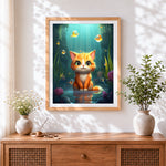 Finished sweet kitten and goldfish underwater cross stitch artwork displayed
