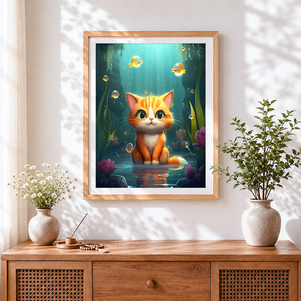 Finished sweet kitten and goldfish underwater cross stitch artwork displayed