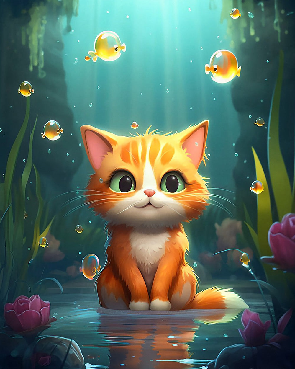 Sweet kitten and goldfish underwater cross stitch kit for beginners