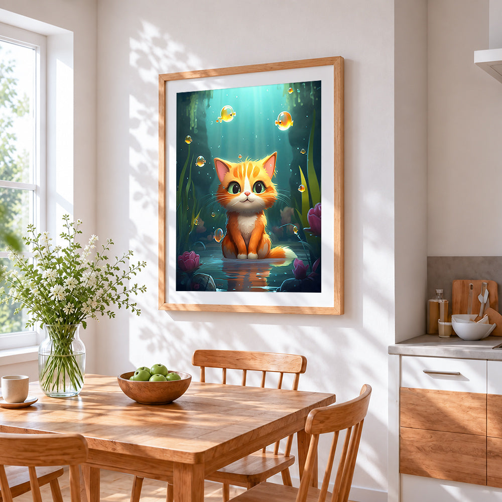 Sweet kitten and goldfish underwater cross stitch artwork displayed on wall as home decor