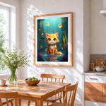 Sweet kitten and goldfish underwater cross stitch artwork displayed on wall as home decor