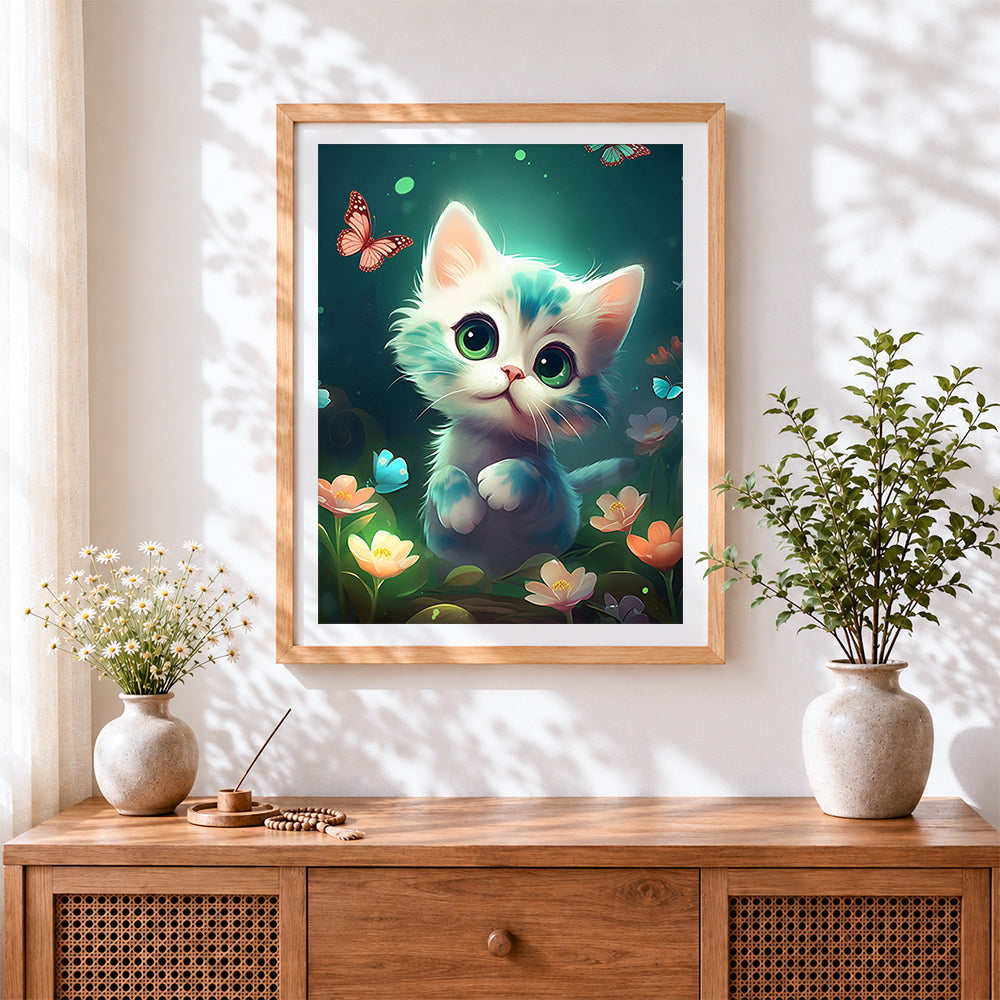 Finished sweet kitten and little flowers cross stitch artwork displayed