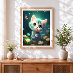 Finished sweet kitten and little flowers cross stitch artwork displayed
