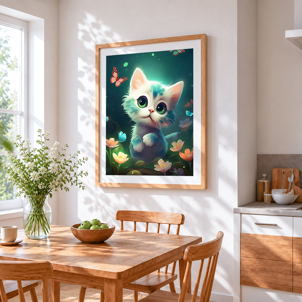 Sweet kitten and little flowers cross stitch artwork displayed on wall as home decor