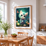 Sweet kitten and little flowers cross stitch artwork displayed on wall as home decor